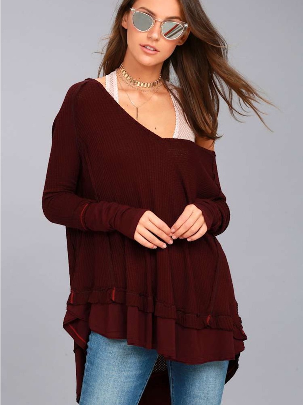 Free People Laguna Burgundy Off-Shoulder Thermal Long Sleeve Top